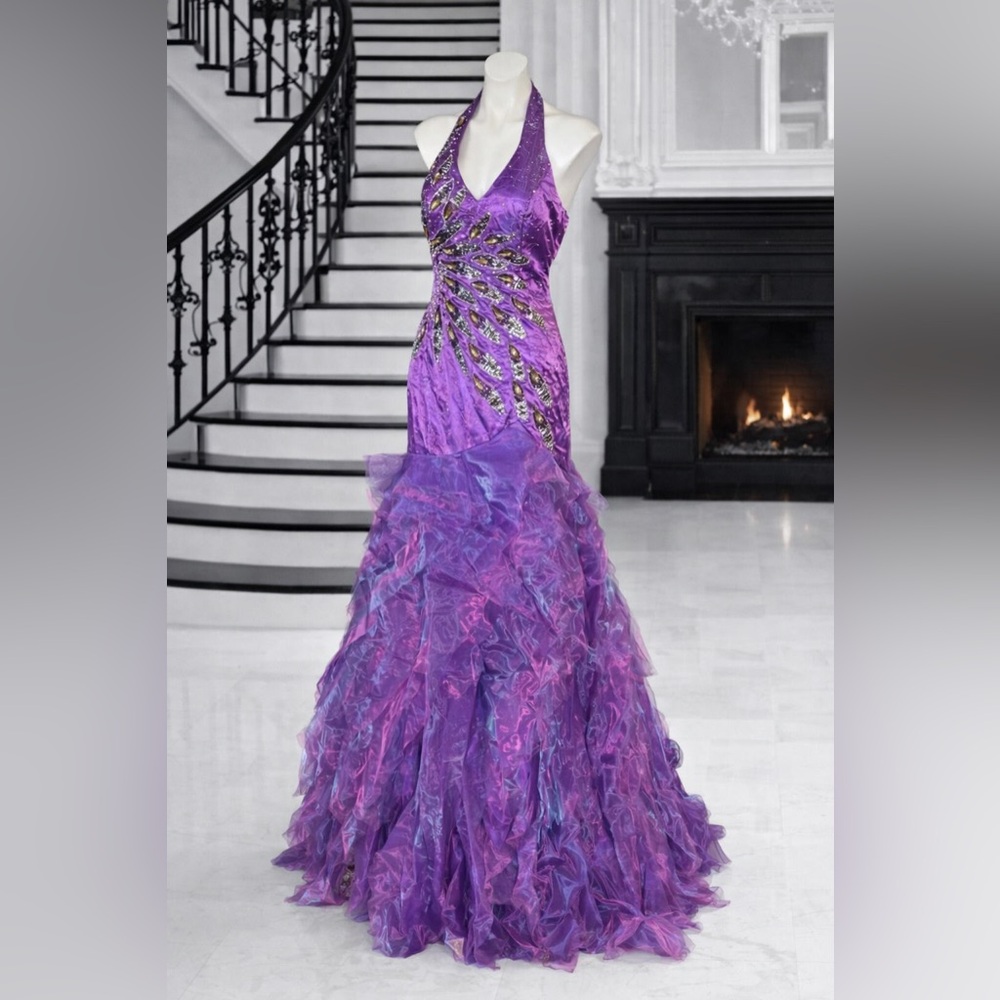 NWT Elegant Purple Halter Sequins Evening Dress Prom Military Pageant Women Sz M